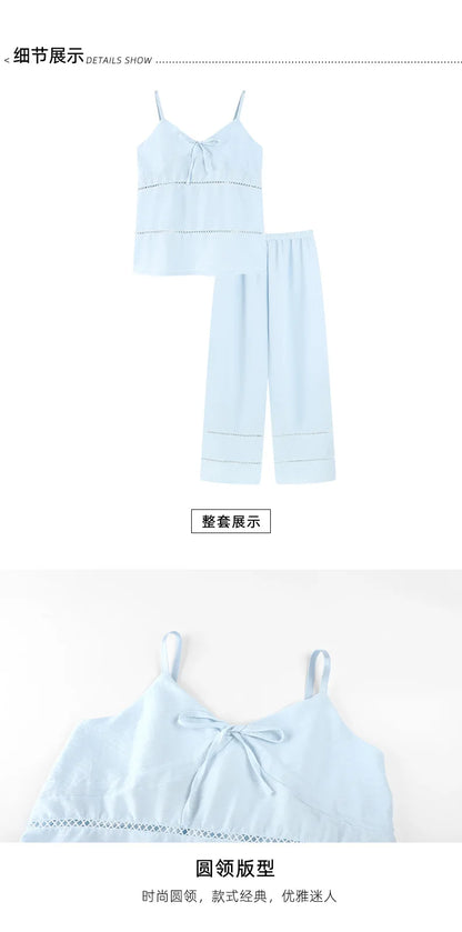 Women's Sexy Pajamas Set V-Neck Strap Suit Elegant Minimalist Faux Cotton Bow Sleeveless Top Long Pants Sleepwear Bra Pads