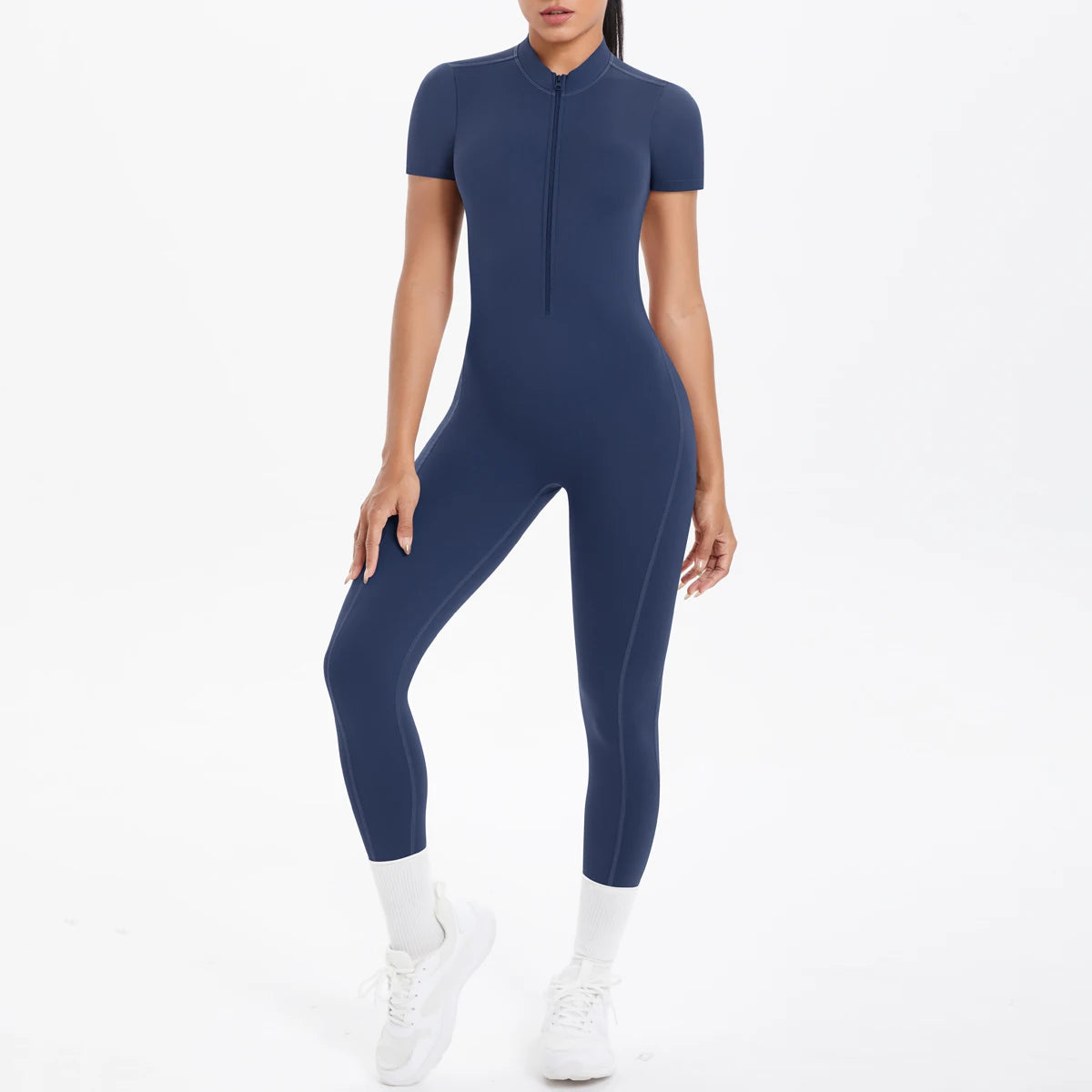 Short Sleeved Fitness Jumpsuit for Woman Bodysuits Backless Solid Color Scrunch One-Piece Suit Half Zipper Gym Yoga Sets Womens