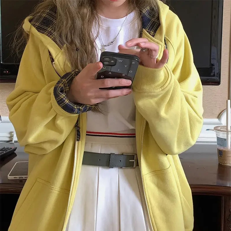 Brown Zip Up Hoodie Women 2023 Autumn Lattice stitching Long Sleeve Casual Oversized Sweatshirt Solid Jacket Women Clothing yellow