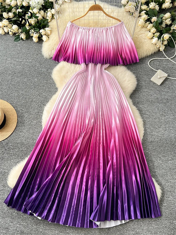 SINGREINY 2025 Gradient Party Long Dress Female Off Shoulder Elastic Waist A Line Sundress Vacation Luxury Pleated Maxi Dresses purple One Size