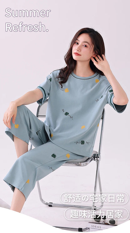 Newest Summer Casual Pajamas Set Women 100% Cotton Sleepwear Female Short Top+Calf-Length Pant Pyjamas
