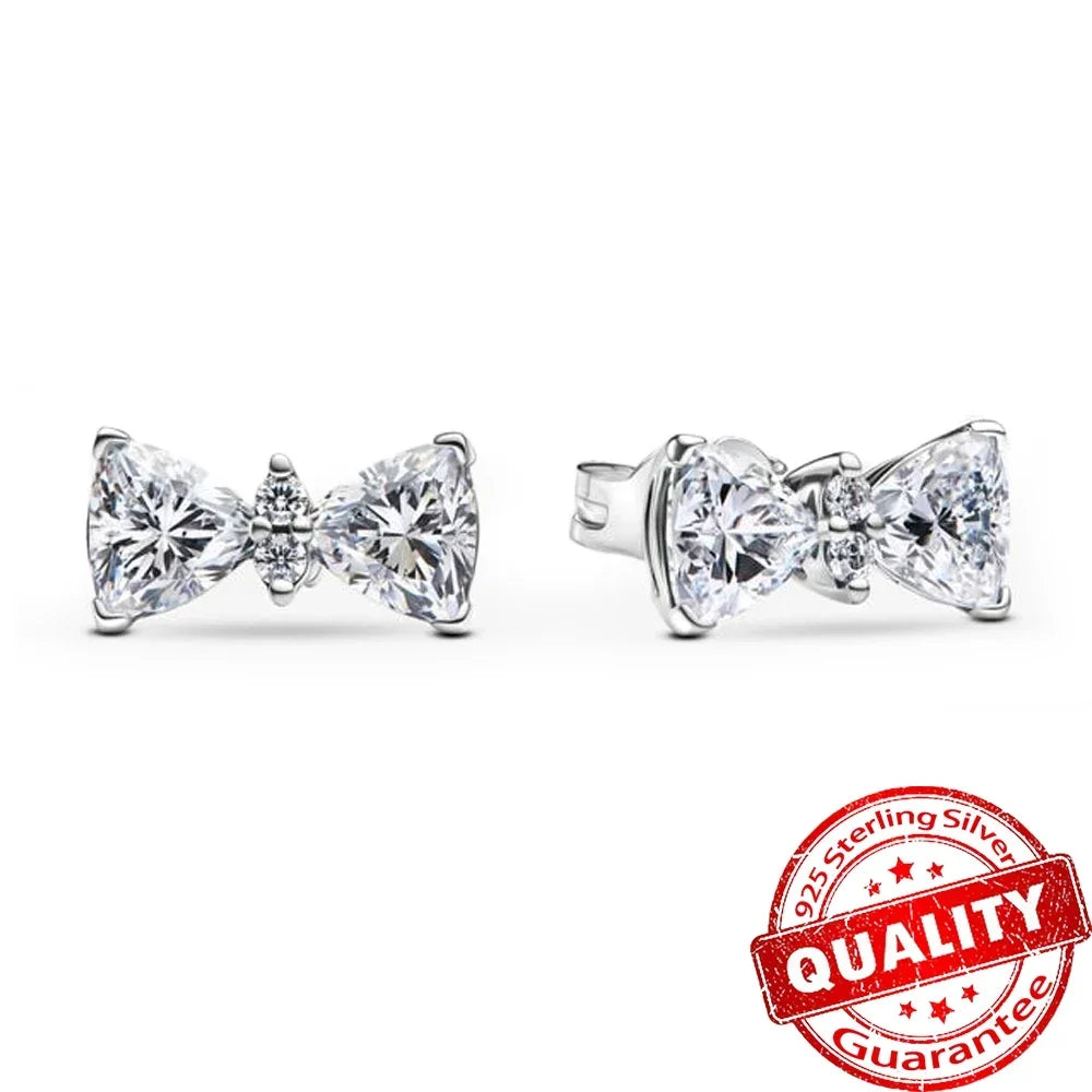 Fine Jewelry Pink Shining Bow Set Ring Earrings Bracelet Necklace Zircon Original 925 Sterling Silver DIY Women DIY Birthdy Gift AME029