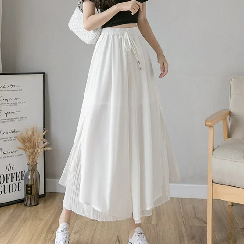 Women Pants Culottes Elastic Wide Leg Irregular Hem Double Layers Korean Trousers Summer Casual Loose Pleated Pants