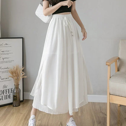 Women Pants Culottes Elastic Wide Leg Irregular Hem Double Layers Korean Trousers Summer Casual Loose Pleated Pants