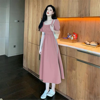 Summer Women Dress Pleated Shirring Square Neck Short Sleeve Bubble Sleeve Ladies Dress Solid Color Loose Hem Midi Dress