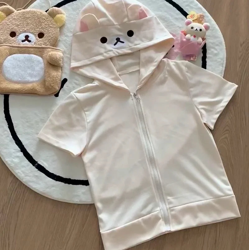 Cute Cartoon Hoodie Rilakkumaed Zip-up Hoodie Teddy Bear Ears Long Sleeve Jacket Fashion Women's Casual Cardigan Cotton Clothing