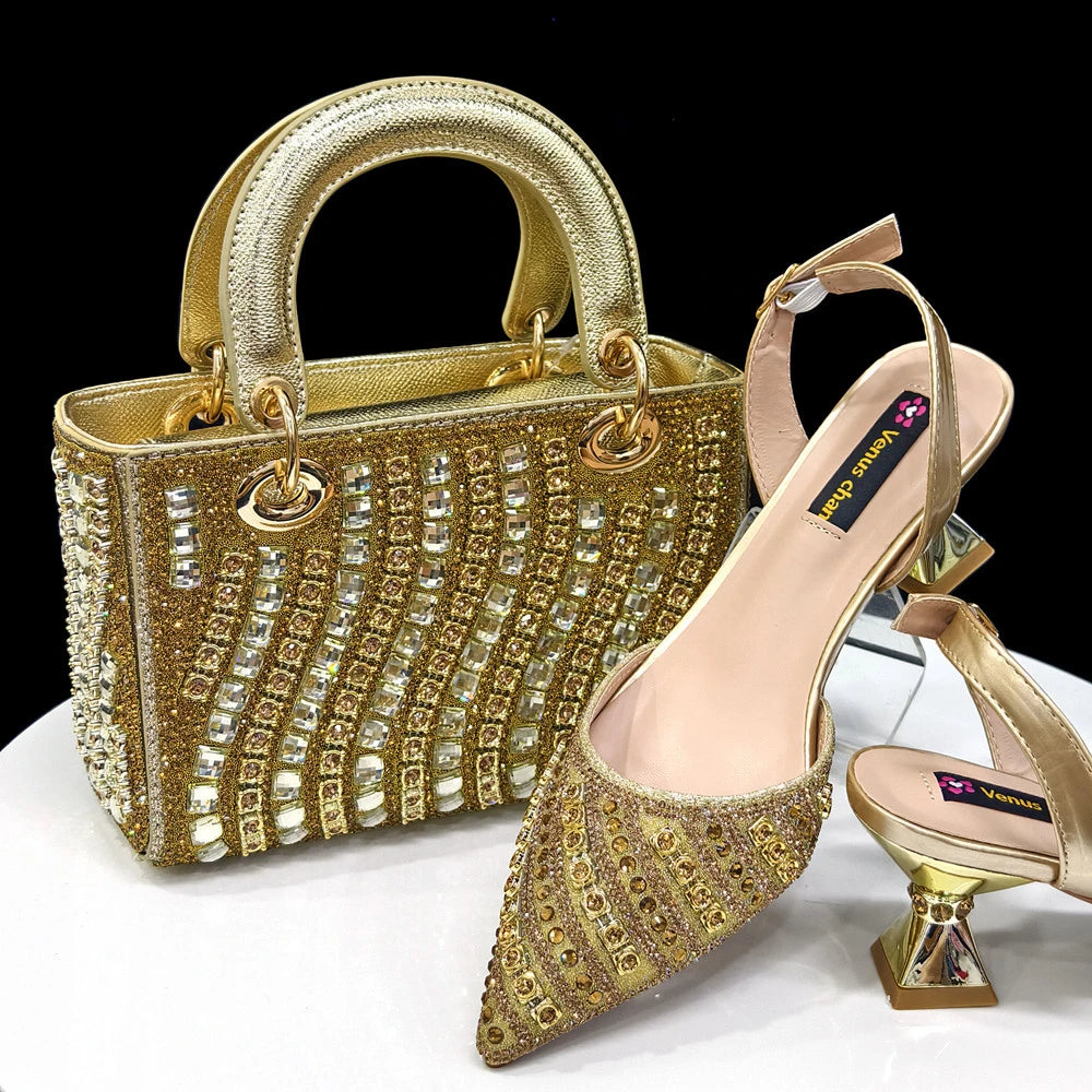 2025 Luxurious Italian Women's Party Shoes & Bag Set – Elegant Golden Rhinestone Spring/Summer Sandals with Pointed High Heels f GOLD