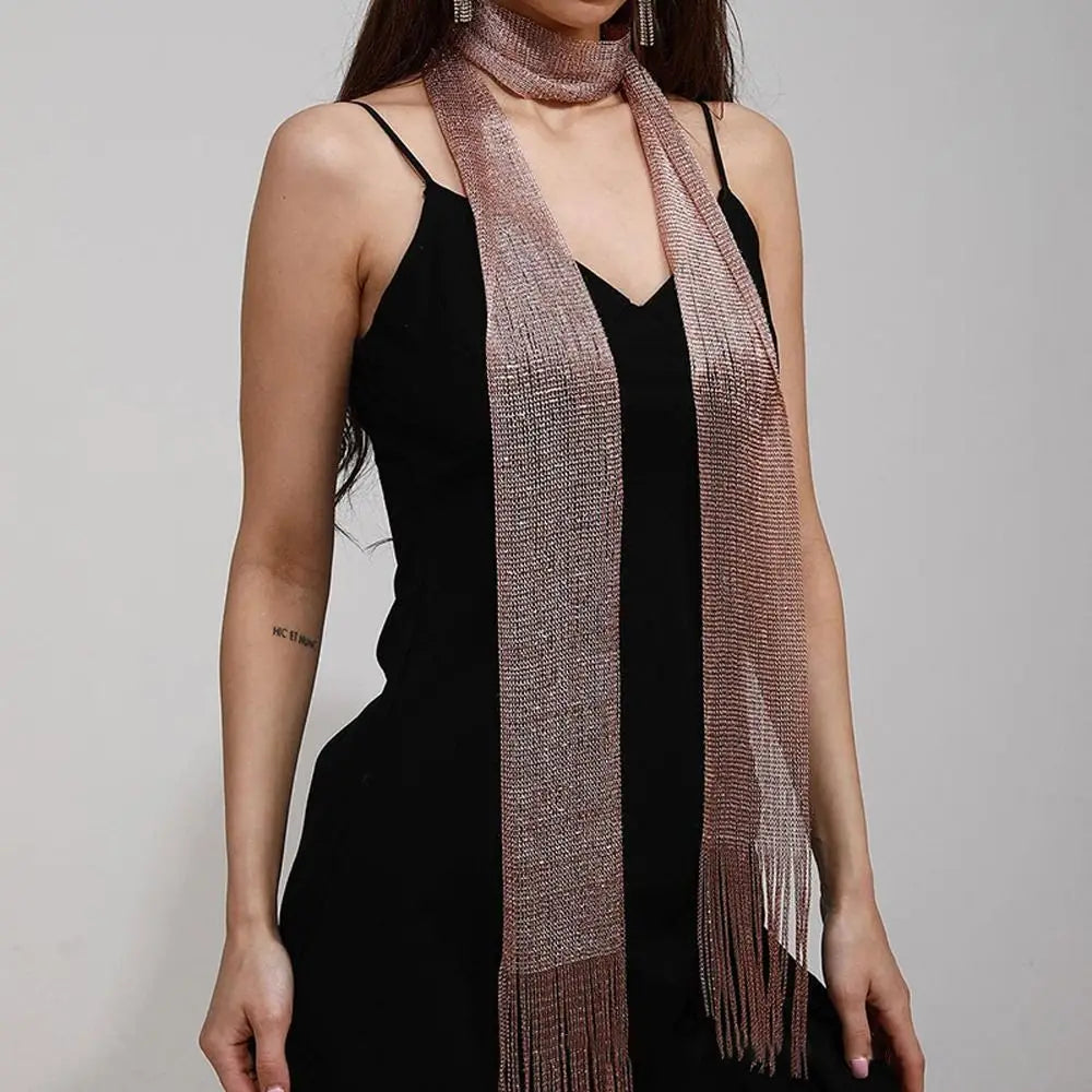 Fashion Lace Tassel Scarf Thin Long Glitter Bright Silk Sunscreen Shawl Shiny Lace Necklace For Women Party Evening Dress Scarf Khaki
