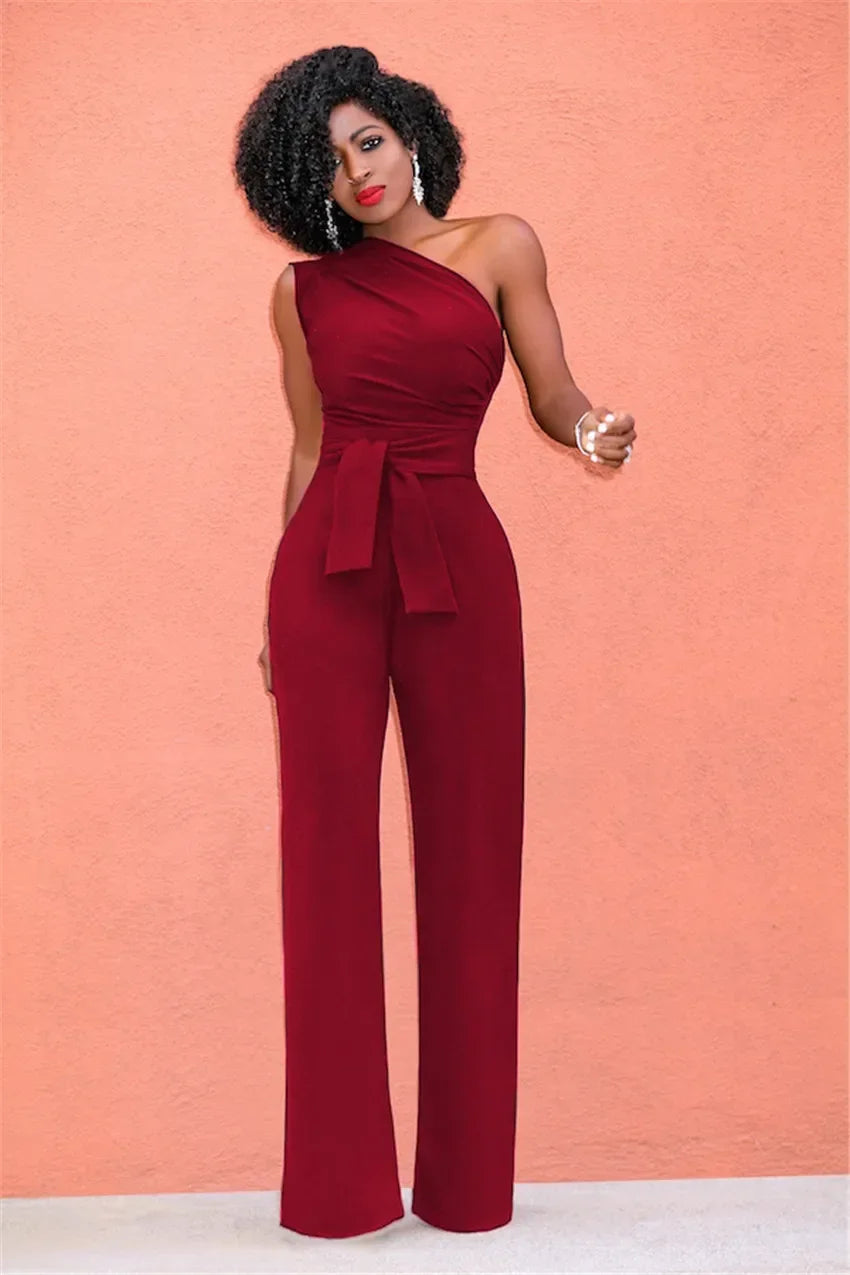 Women's Jumpsuit Solid Skew Collar Crop Top Straight Pants Belt Sexy Sleeveless Loose Pants Elegant Charming Playsuits 2024 Badiee Stylez