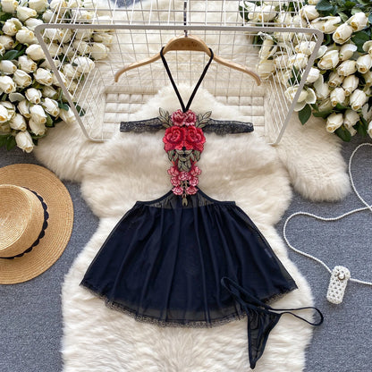 Japanese Sexy Print Kimono Slim Fit V-Neck Nightgown Loose Petal Sleeves Women's Erotic Lingerie Mini Irregular Patchwork Dress QD226-Black-O