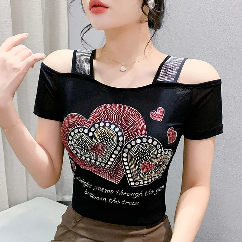 Aoxison Summer Short Sleeved Women's T-Shirt Elegant Slim Shiny Love Heart Diamonds Mesh Tops Chic Girl Sexy Off Shoulder Tees Black6