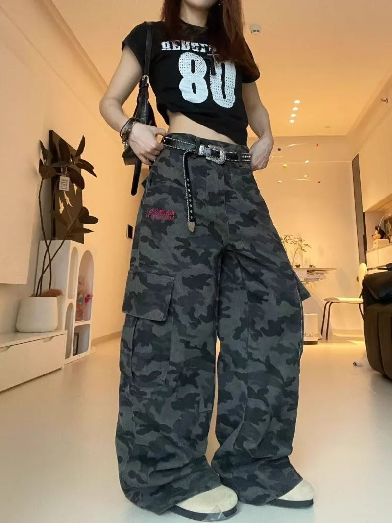 Y2K fashion retro cartoon embroidered women wide-leg jeans casual Harajuku loose pants street personality high-waisted jeans