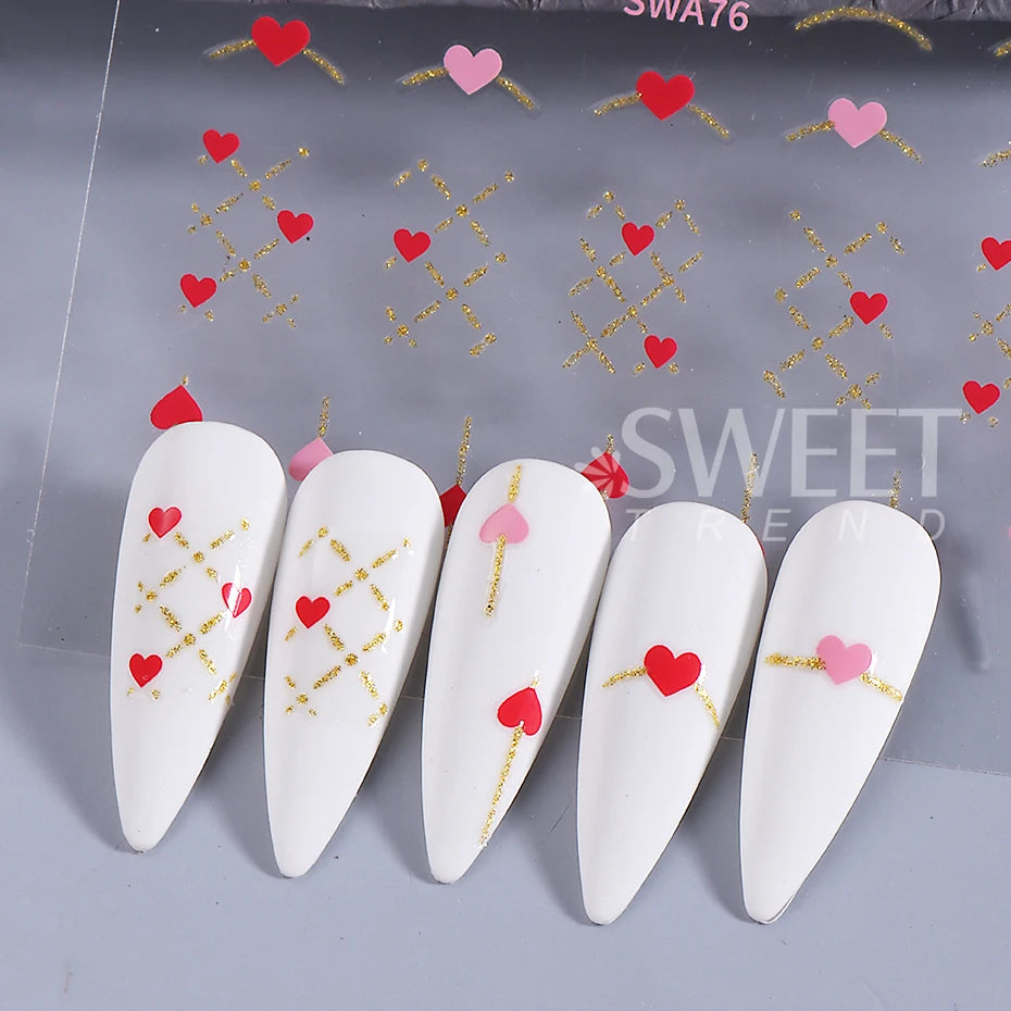 2pcs Black White Red Love Heart Nail Stickers Metallic Golden French Line 3D Adhesive Slider DIY Valentine Design Manicure Decor