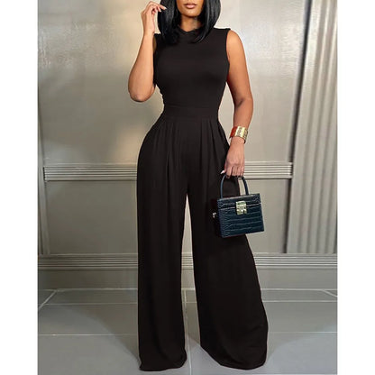 Elegant Women Wide Leg Long Juumpsuit 2024 Spring Summer Fashion Printed Sleeveless Casual Holiday Bodysuits Jumpsuits Trousers