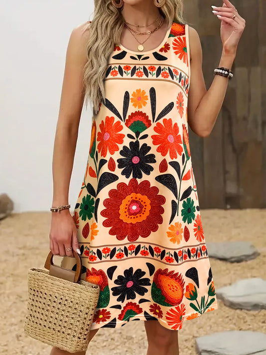 Women’s Sleeveless Boho Floral Dress, Colorful Flower Print Mini Dress, Casual Summer Beach & Festival Outfit