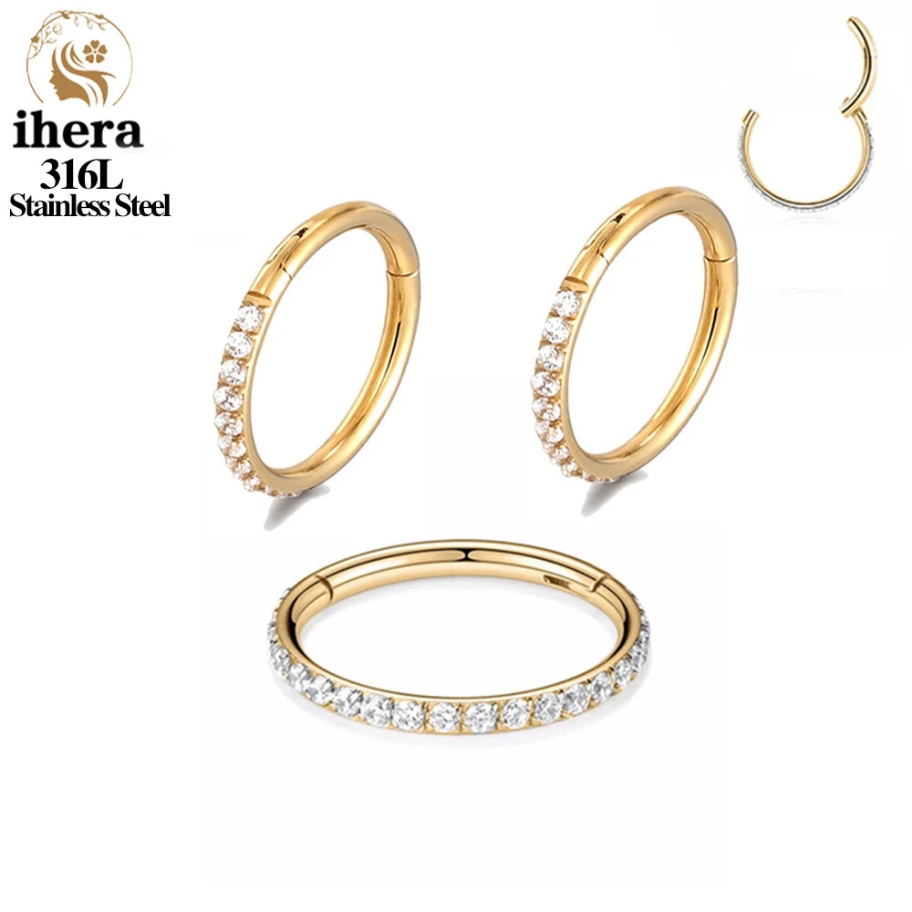 316L Stainless Steel Zircon CZ Hinged Segment Nose Septum Clicker Ring Round Earrings Hoops Ear Tragus Helix Piercing Jewelry