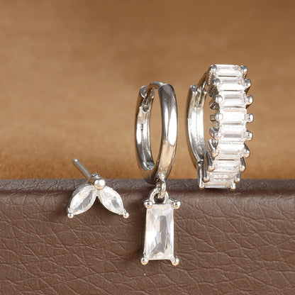 3PCS Stainless Steel Square Earrings Sets for Women Vintage Zircon Pendant Geometry Round Circle Hoop Earrings Piercing Jewelry Silver-White-3pcs