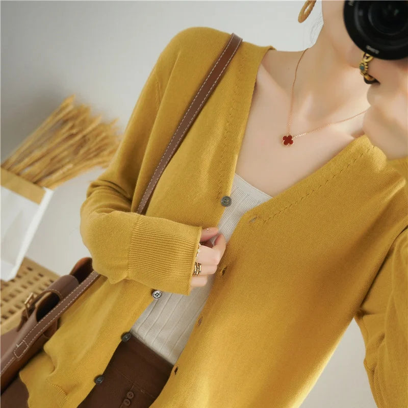 100% Cotton Line Long Sleeve V-Neck Knitted Cardigan Women Loose Short Solid Color Simple Sun Protection SMY K61 jiang huang