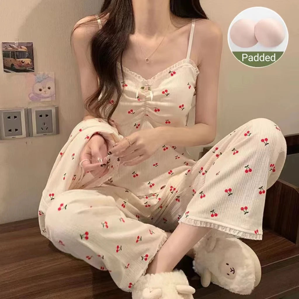 Pajamas Female Long-Sleeved Spring And Autumn Suspenders Trousers Three-Piece Set With Cushion Sweet Pajamas Homewear Suit Red406