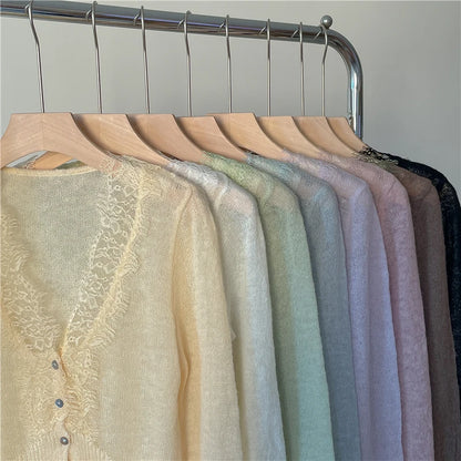 High-fashion Kawaii Botton Up Lace Patchwork Knitted Cardigan Women Autumn Winter Ladies Elegant Vintage Sweater Cheap Wholesale