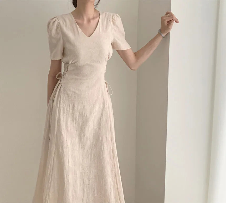 Cotton Linen Dress Long New Hot Sales Woman Short Sleeve Solid Retro Vintage Long Dresses