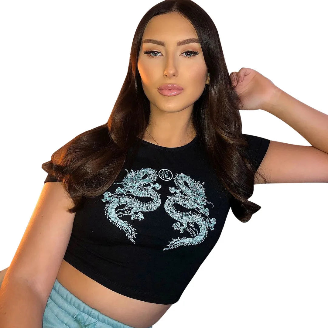 Women Short Sleeve Dragon Print T-shirt Summer Fashion Crop Top for Shopping Daily Wear