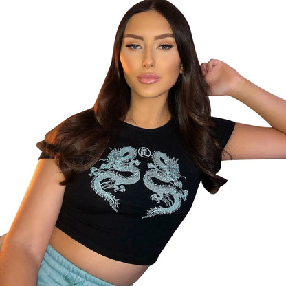 Women Short Sleeve Dragon Print T-shirt Summer Fashion Crop Top for Shopping Daily Wear