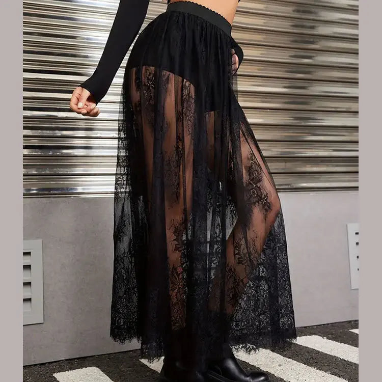 Y2k Black Mesh Long Gothic Skirt Women 2025 Summer High Waist Transparent Maxi Skirt With Shorts Lady Sexy White Lace Goth Skirt