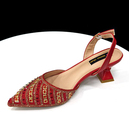 2025 Luxurious Italian Women's Party Shoes & Bag Set – Elegant Golden Rhinestone Spring/Summer Sandals with Pointed High Heels f