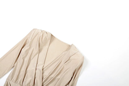 InGrily Simple Smooth Jumpsuit Women Cross v-Neck Long Sleeve Folds Skinny Solid Sexy Hipster Elegant Street Classic Chic Outfit Badiee Stylez