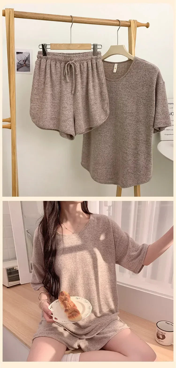 Hot with Chest Pad Pajamas Women 2025 New Summer Pure Cotton Short sleeve Shorts Set Spring and Autumn Loose Homewear