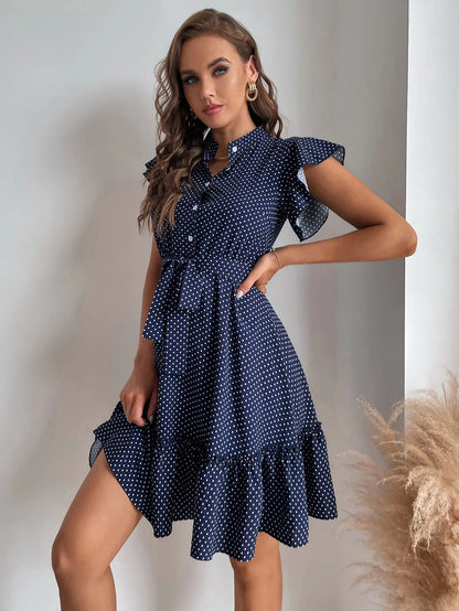 European and American women's polka dot printed butterfly sleeves with ruffled edges and wide pine hem waistband dress Badiee Stylez