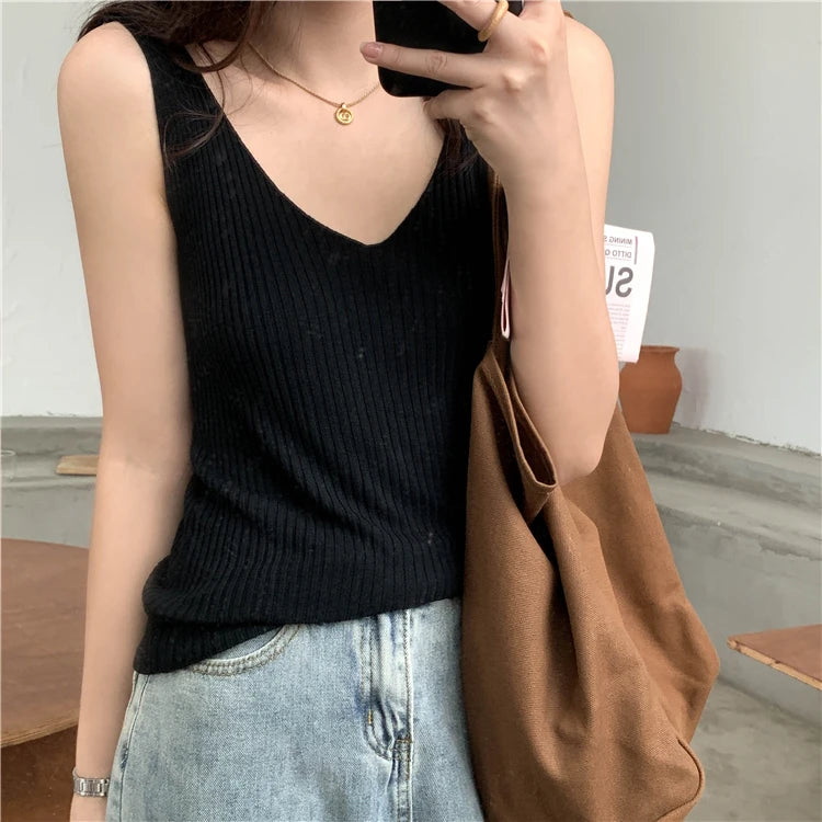 Solid Color Basic Women's Vest Tank Top Solid Color Knitted Tees Top Cropped Top Camisole Sweater V-neck Summer Sleeveless