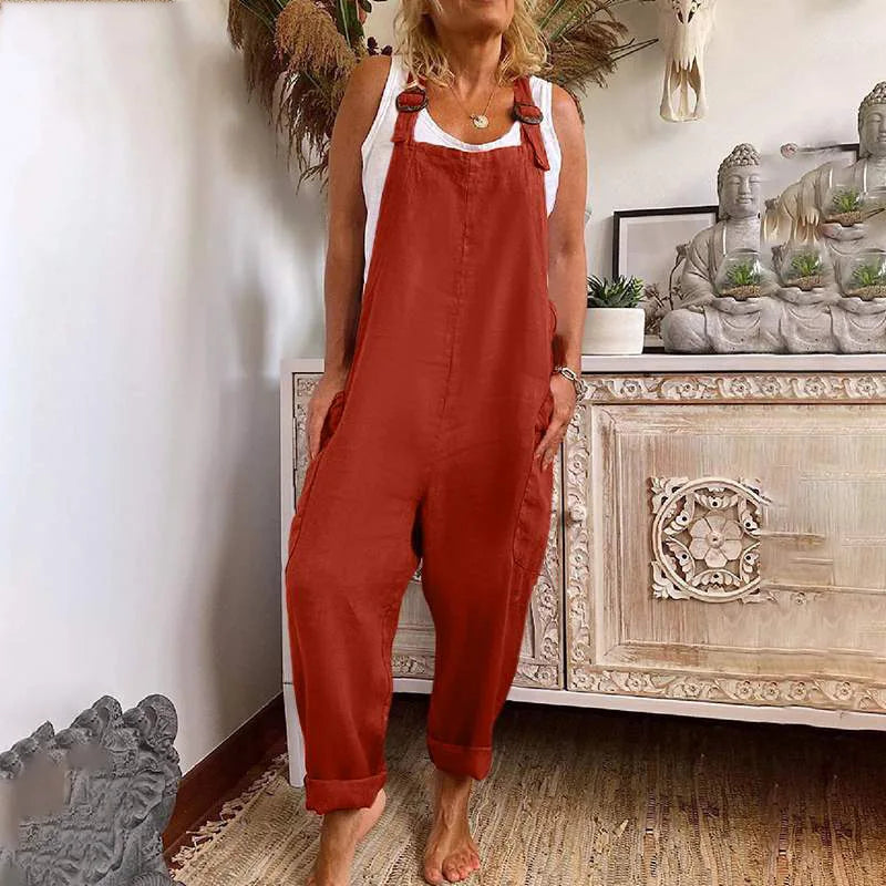 Women Cotton Linen Pocket Jumpsuits Summer Female Sleeveless Wide Leg Loose Overalls JYFS-3255 Red