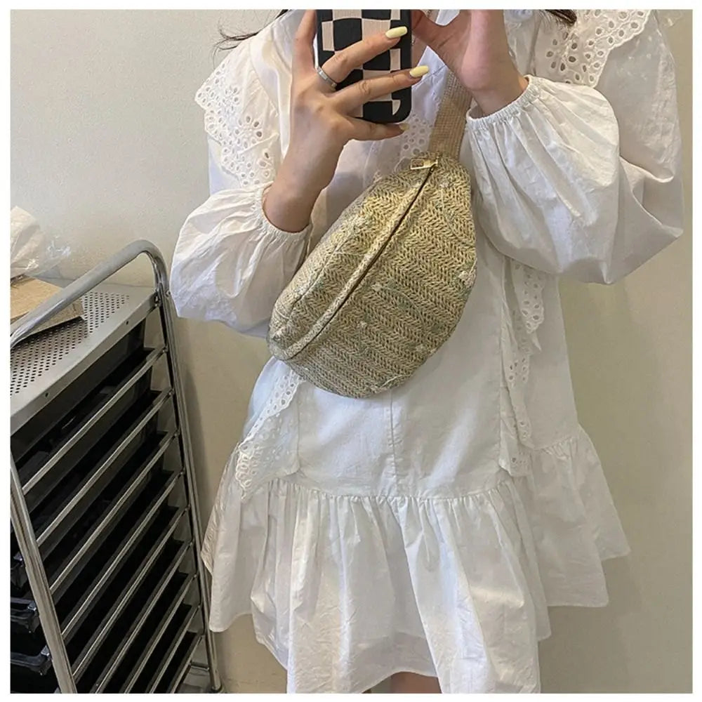Fashion Straw Chest Bag Sports Waist Packs Shoulder Purse Beach Travel Casual Fanny Belt Bag Crossbody Shoulder Chest Handbag