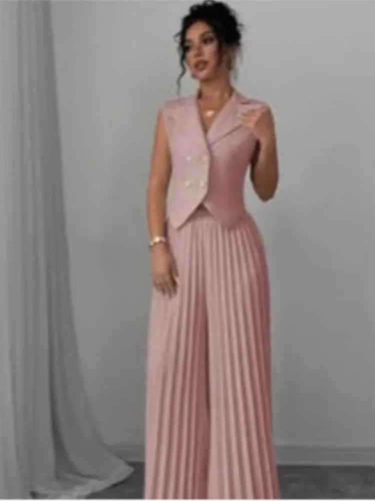 Women Fashion Solid Office Suit Casual Slim Button Two Piece Set Elegant Turn Down Collar Sleeveless Blazer&Pleat Pants Outfits