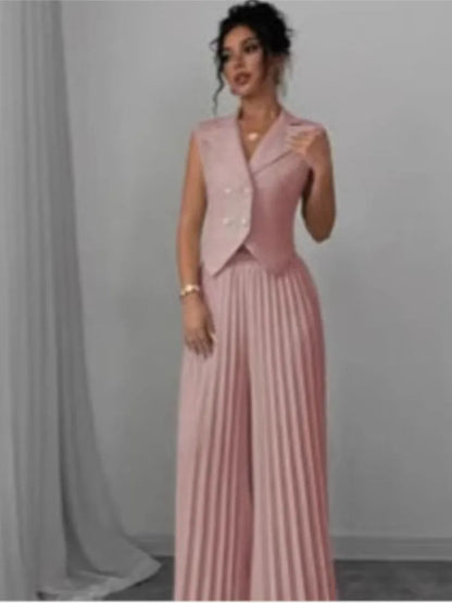 Women Fashion Solid Office Suit Casual Slim Button Two Piece Set Elegant Turn Down Collar Sleeveless Blazer&Pleat Pants Outfits