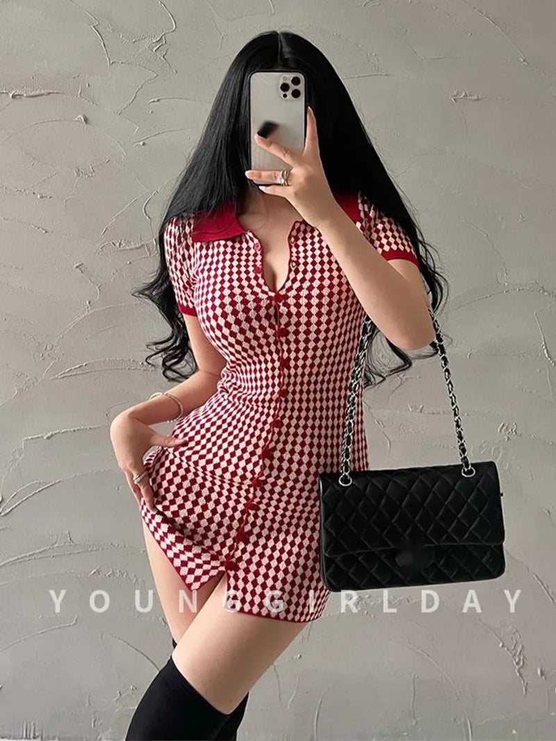 American Style Diamond Checkered Lapel Single Breasted Slim Short Sleeved Dress Elegant Tight Thin Dress T Shirt Mini Dress X0P7 Badiee Stylez