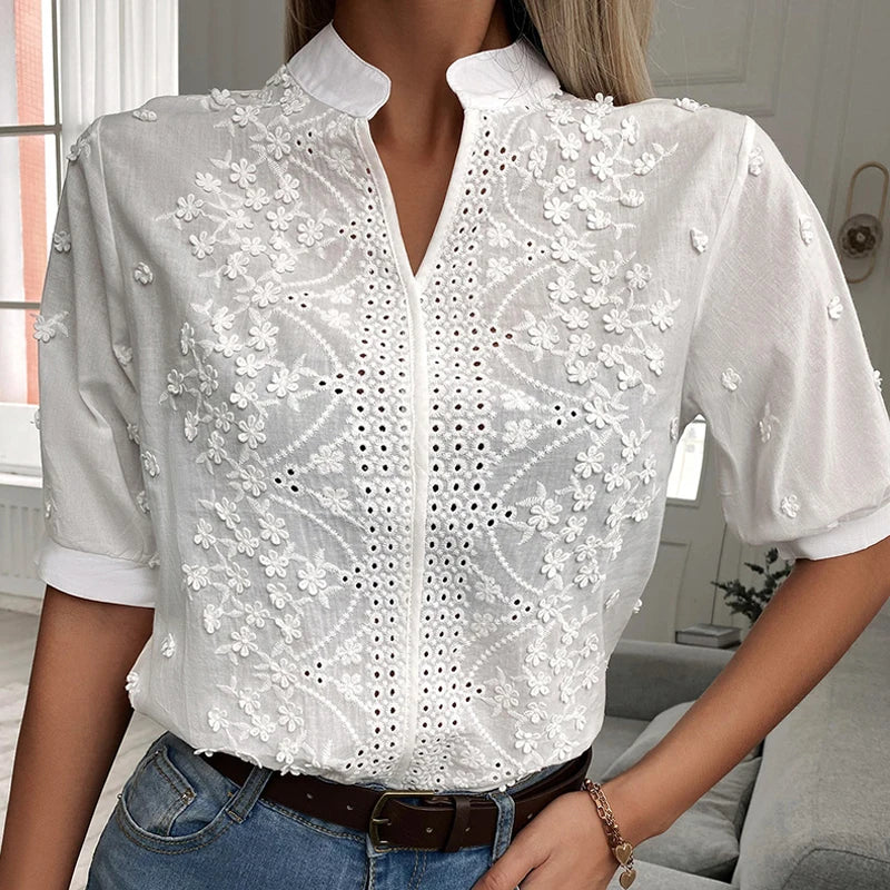 Summer Floral Embroidery Lace Blouse Fashion Women V Neck Casual Shirt Chic Short Sleeve Hollow Out Tops Elegant Blusas 24350 WHITE