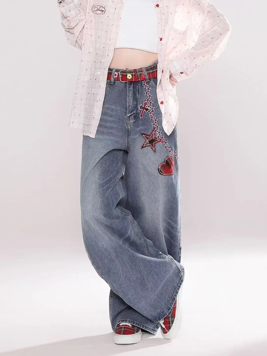 Y2K fashion retro cartoon embroidered women wide-leg jeans casual Harajuku loose pants street personality high-waisted jeans