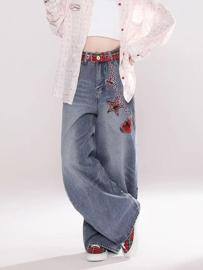 Y2K fashion retro cartoon embroidered women wide-leg jeans casual Harajuku loose pants street personality high-waisted jeans