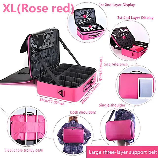 Professional Makeup Case Female Travel Big Capacity Beauty Nail ToolBox Cosmetic Organizer Suitcases For Makeup Storage Boxs XL(Rose Red)