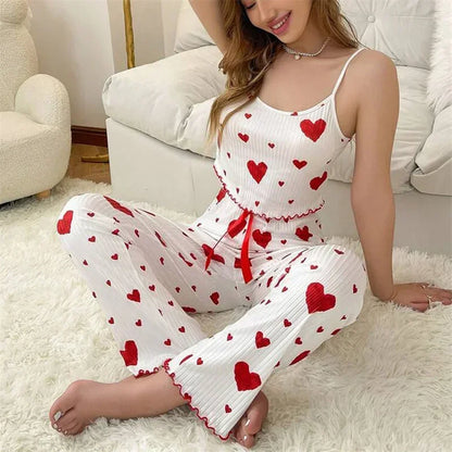 Autumn Winter Sleepwear Heart Print Sleeveless Cami Vest with Long Pants Trouser Set Pajamas Sets Women Sexy Lingerie Pyjamas Red