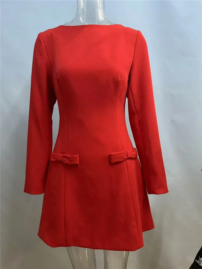 Mozision Double Bow Long Sleeve Sexy Mini Dress For Women Autumn Winter New Solid High Waist Bodycon Club Party Dress Elegant