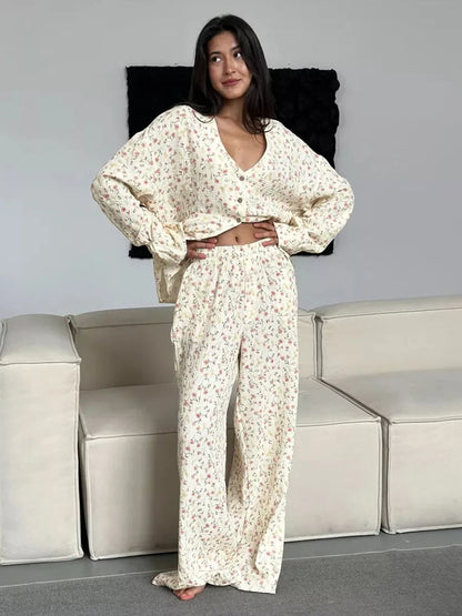 Muzuleva 100% Cotton Printed Cardigan Pajama Set Women's New Autumn Long Sleeved Pants Pajamas Loose Home Clothing 2-piece Set Printing