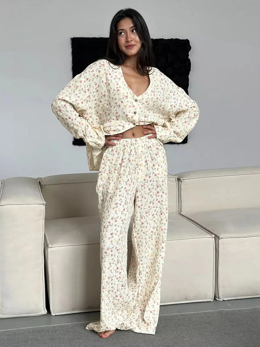 Muzuleva 100% Cotton Printed Cardigan Pajama Set Women's New Autumn Long Sleeved Pants Pajamas Loose Home Clothing 2-piece Set Printing