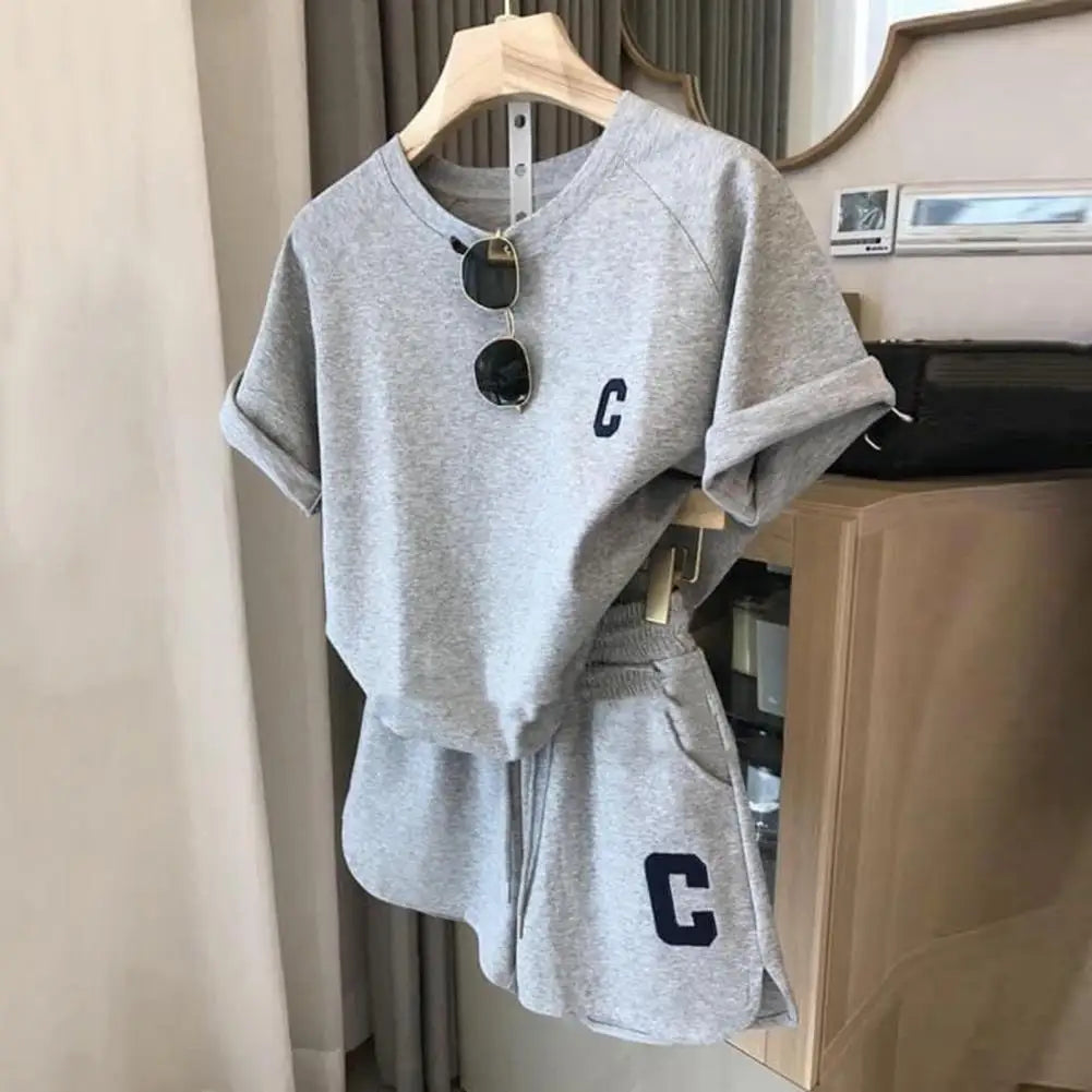Women Tracksuit C Letter Print Short Sleeve T-shirt Drawstring Shorts Sport Suit Lady Exercise T-shirt Shorts Two-piece Suit