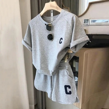 Women Tracksuit C Letter Print Short Sleeve T-shirt Drawstring Shorts Sport Suit Lady Exercise T-shirt Shorts Two-piece Suit