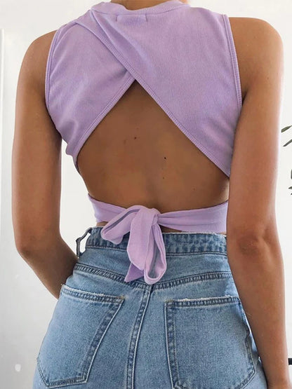 Sexy Backless Women Tank Top Bandage Slim Crop Top Summer 2024 Casual Streetwear Tops Solid Cotton Soft Criss Cross Top