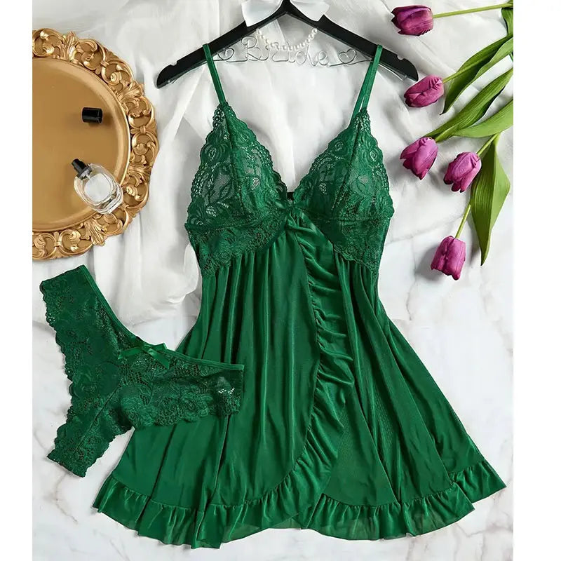Soft Sheer Nighty Pajamas Hotselling Nightgowns Dark Green Halter Dress Women Sleepwear Sexy Bra Plus Size Nightdress Thong Sets Badiee Stylez